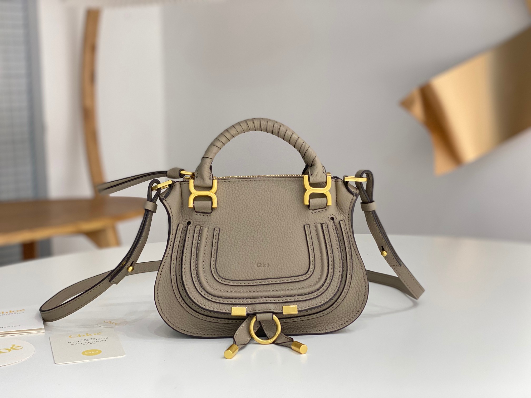 Chloe Mini Marcie Bag In Grey Grained Leather